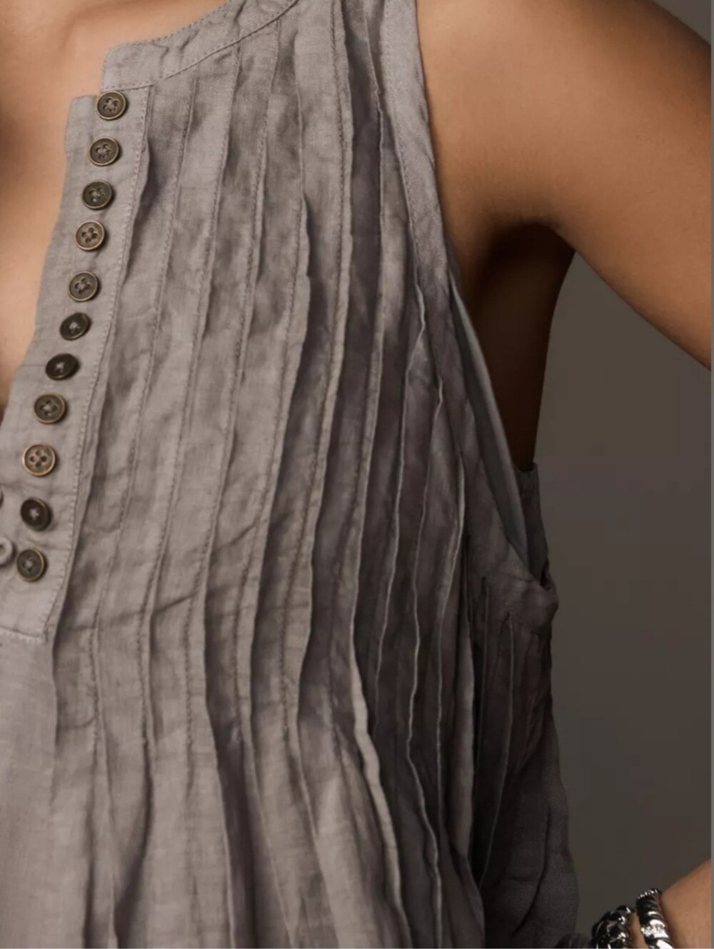 Anthropologie UNHEMMED Sleeveless Pleated Mini Dress in Taupe - Picture 2 of 7